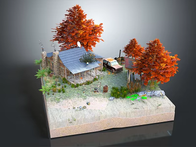Cartoon Forest Scene Featuring Log Cabin Blue Roof Orange Trees Car Grass And Stones 3d model