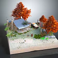 Cartoon Forest Scene Featuring Log Cabin Blue Roof Orange Trees Car Grass And Stones