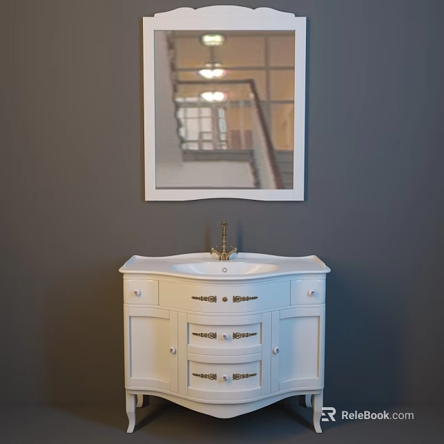 White Bathroom Sink Vanity With Cabinet Drawers And Mirror Above Gray Wall 3d model 