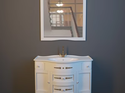 White Bathroom Sink Vanity With Cabinet Drawers And Mirror Above Gray Wall 3d model