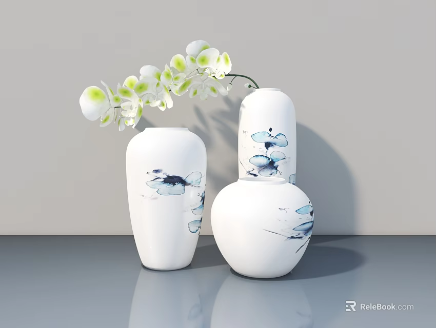 White Gourd Shaped Vases With Blue Lotus Patterns And White Orchid Flowers On Gray Tabletop 3d model 