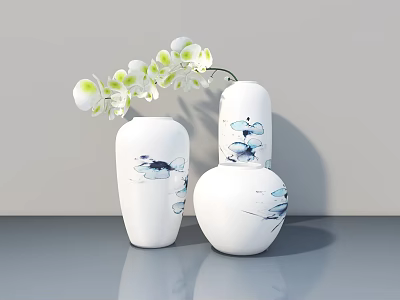 White Gourd Shaped Vases With Blue Lotus Patterns And White Orchid Flowers On Gray Tabletop 3d model