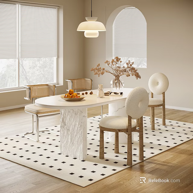 Modern Dining Table Set With Textured White Top Round Back Chairs And Dried Flower Vase 3d model 