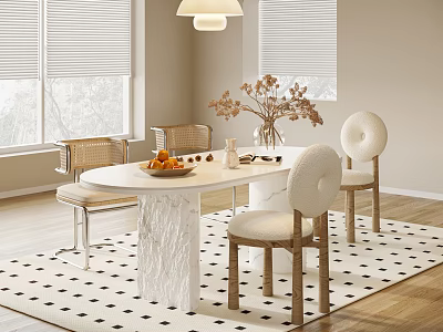 Modern Dining Table Set With Textured White Top Round Back Chairs And Dried Flower Vase 3d model