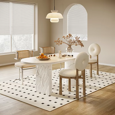 Modern Dining Table Set With Textured White Top Round Back Chairs And Dried Flower Vase 3d model