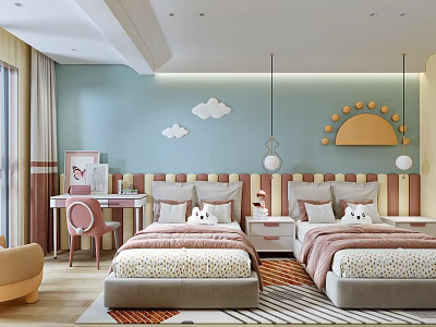 Kids Room Interior Design With Twin Beds Cloud Sun Decor And Pastel Colors 3d model