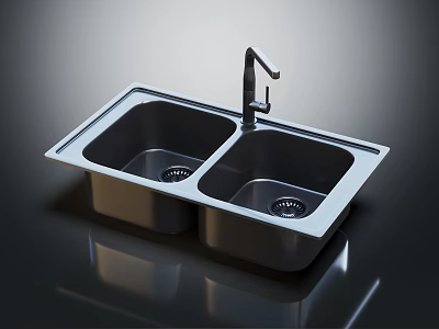 Stainless Steel Double Bowl Kitchen Sink With Modern Faucet For Home Kitchen Use 3d model