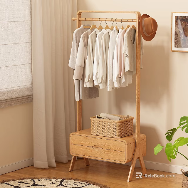 Wooden Clothes Hanger With Hanging Clothes Drawer Base Basket And Side Plant 3d model 