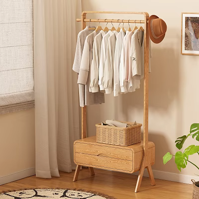 Wooden Clothes Hanger With Hanging Clothes Drawer Base Basket And Side Plant 3d model