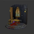 Medieval Wooden Furniture Table With Arched Window Red Carpet Stone Steps And Wall Lanterns