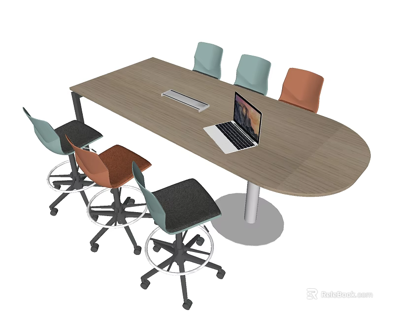 Wooden Conference Table With Laptop Keyboard And Colorful Chairs In Office 3d model 