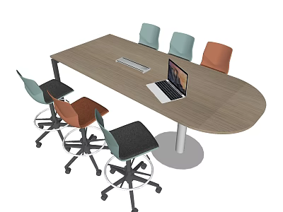 Wooden Conference Table With Laptop Keyboard And Colorful Chairs In Office 3d model