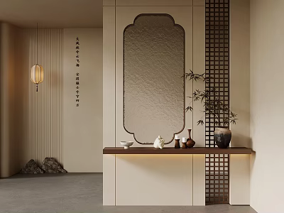 Traditional Chinese Interior With Decorative Mirror Wooden Counter And Potted Plant 3d model