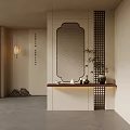 Traditional Chinese Interior With Decorative Mirror Wooden Counter And Potted Plant