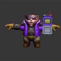 3D One Eyed Cat Like Game Character Wearing Purple Jacket Yellow Gloves And Holding Device