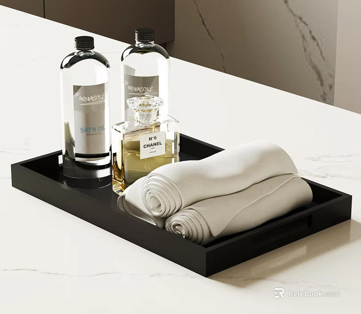 Stylish Black Tray With Transparent Bottles Perfume And White Towels On Marble Countertop 3d model 