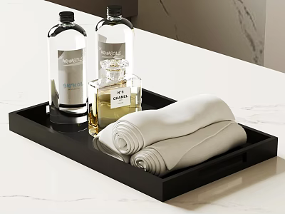 Stylish Black Tray With Transparent Bottles Perfume And White Towels On Marble Countertop 3d model