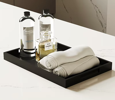 Stylish Black Tray With Transparent Bottles Perfume And White Towels On Marble Countertop 3d model