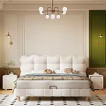 Elegant White Double Bed with Tufted Headboard Side Table Green Curtain and Chandelier