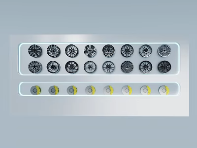 Various Tire Design Collection With Different Wheel Rims And Display Arrangement 3d model