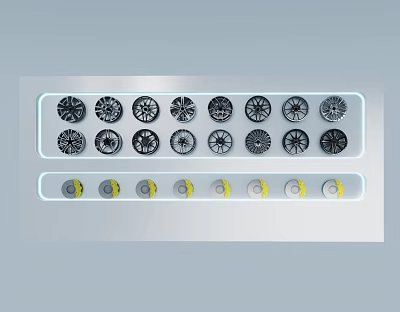 Various Tire Design Collection With Different Wheel Rims And Display Arrangement 3d model