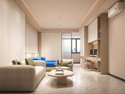 Modern Minimalist Hotel Guest Room With Beige Sofa Blue Seating And Round Coffee Table 3d model