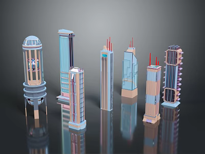 Modern Skyscraper Architecture Featuring Various Designs With Dome Spire Glass Curtain Wall And Decorative Structures 3d model