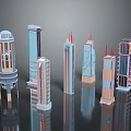 Modern Skyscraper Architecture Featuring Various Designs With Dome Spire Glass Curtain Wall And Decorative Structures