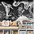 Entryway Cabinet Sideboard With Chalkboard Wall Whale Octopus Art House Shelves Bench Cushions Woven Baskets