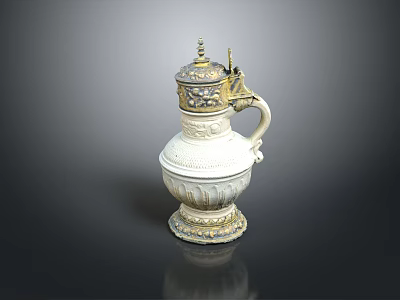 Elegant White Ceramic Decorative Jug With Gold Accents Handle And Carved Lid 3d model