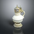 Elegant White Ceramic Decorative Jug With Gold Accents Handle And Carved Lid