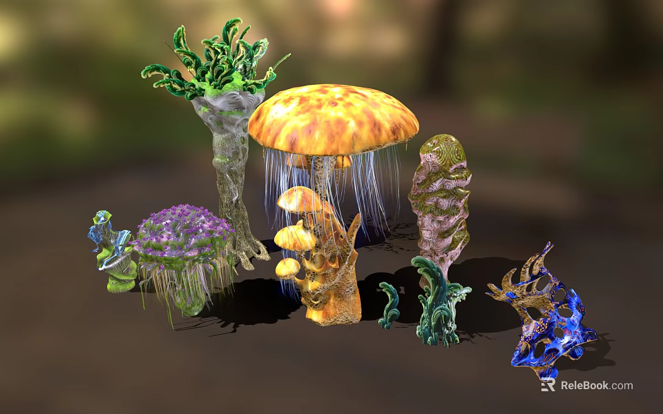Various Types Of Fantasy Plants With Unique Shapes Like Umbrella Columnar Purple And Blue Blooms 3d model 