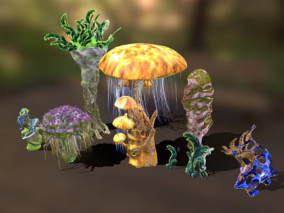 Various Types Of Fantasy Plants With Unique Shapes Like Umbrella Columnar Purple And Blue Blooms 3d model