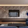 Modern Spacious Bright Living Room Interior With Panoramic Window And Cozy Navy Blue Fabric Sofas
