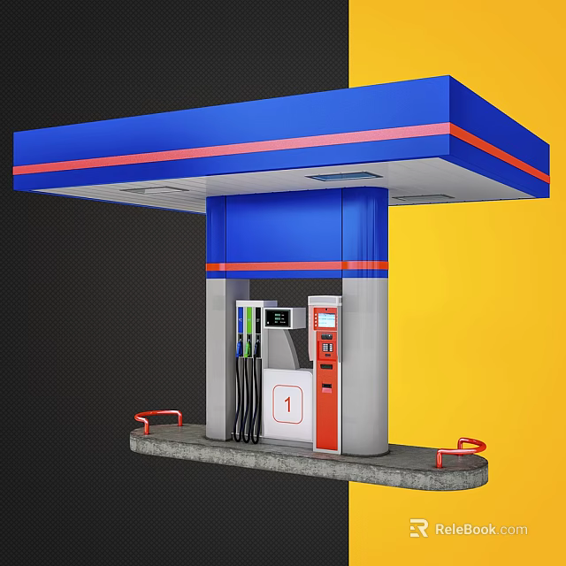 Modern Gas Station With Blue Red Canopy Fuel Pump And Yellow Black Background 3d model 
