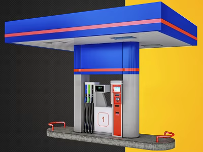 Modern Gas Station With Blue Red Canopy Fuel Pump And Yellow Black Background 3d model