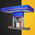 Modern Gas Station With Blue Red Canopy Fuel Pump And Yellow Black Background