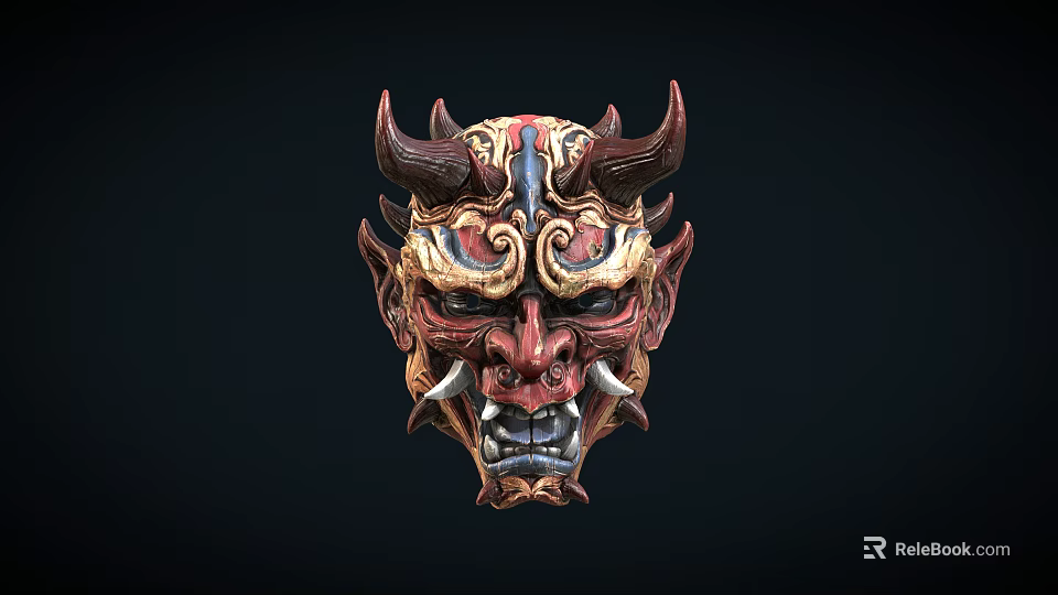 Traditional Horned Mask Featuring Intricate Red Gold And Black Decorative Patterns 3d model 