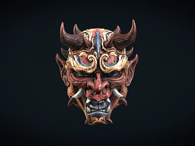 Traditional Horned Mask Featuring Intricate Red Gold And Black Decorative Patterns 3d model