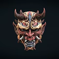 Traditional Horned Mask Featuring Intricate Red Gold And Black Decorative Patterns