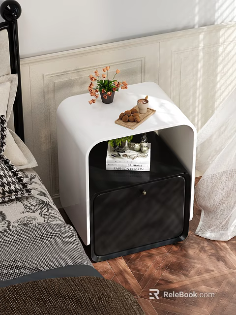 White and Black Modern Nightstand With Flower Vase Cookies Candle and Book 3d model 