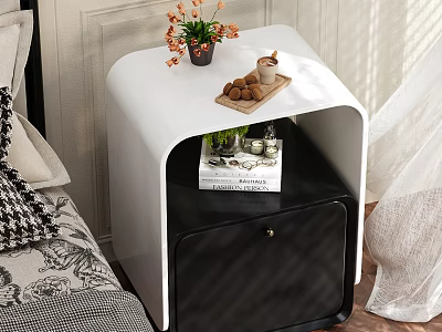 White and Black Modern Nightstand With Flower Vase Cookies Candle and Book 3d model