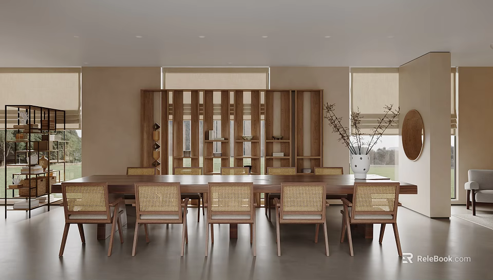 Modern Restaurant Interior with Wooden Dining Table Rattan Chairs and Open Design 3d model 