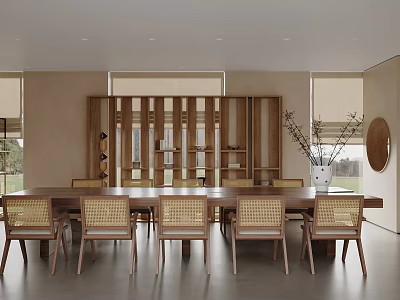 Modern Restaurant Interior with Wooden Dining Table Rattan Chairs and Open Design 3d model