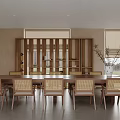 Modern Restaurant Interior with Wooden Dining Table Rattan Chairs and Open Design
