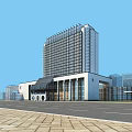 Modern High Rise Hotel Building With Glass Facade And Green Landscape