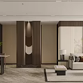 Modern Dining and Living Room Interior With Marble Wall Wooden Accents And Potted Plant