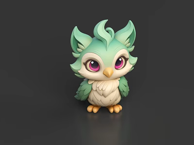 Cute Owl Character With Green Feathers Big Pink Eyes White Belly And Yellow Claws 3d model