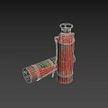 Two Vintage Red Fire Extinguishers With Green Labels And Hose On Black Background