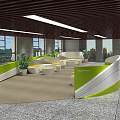 Modern Casual Lounge Area With Curved White Green Decor And Yellow Round Seats